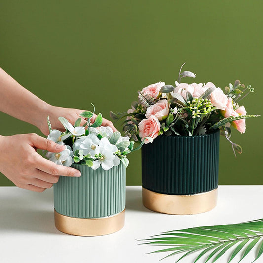 Cement Flowerpot Stripe Cylindrical Shape Flower Pot Succulent Green Plants with Hole Decoration Planter without flower