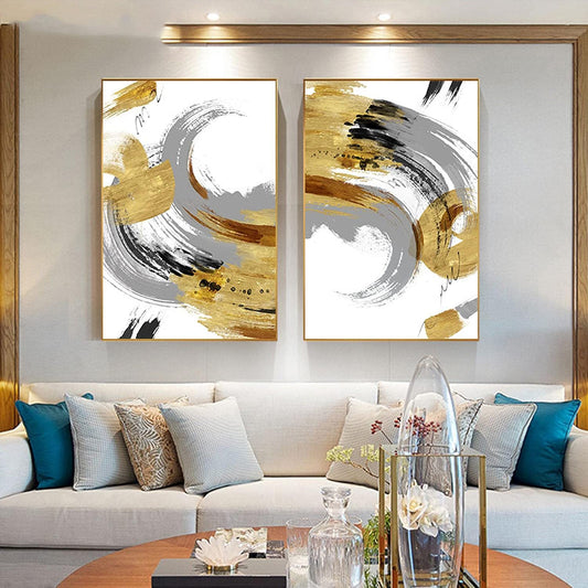 Euroxo Glossy Modern Abstract Canvas Painting for Living Room Big Size Golden Foil Poster Wall Art