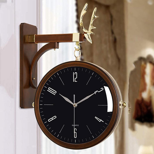 Luxury Deer Head Round Wall Hanging Double Sided 2 Faces Retro Station Wall Clock